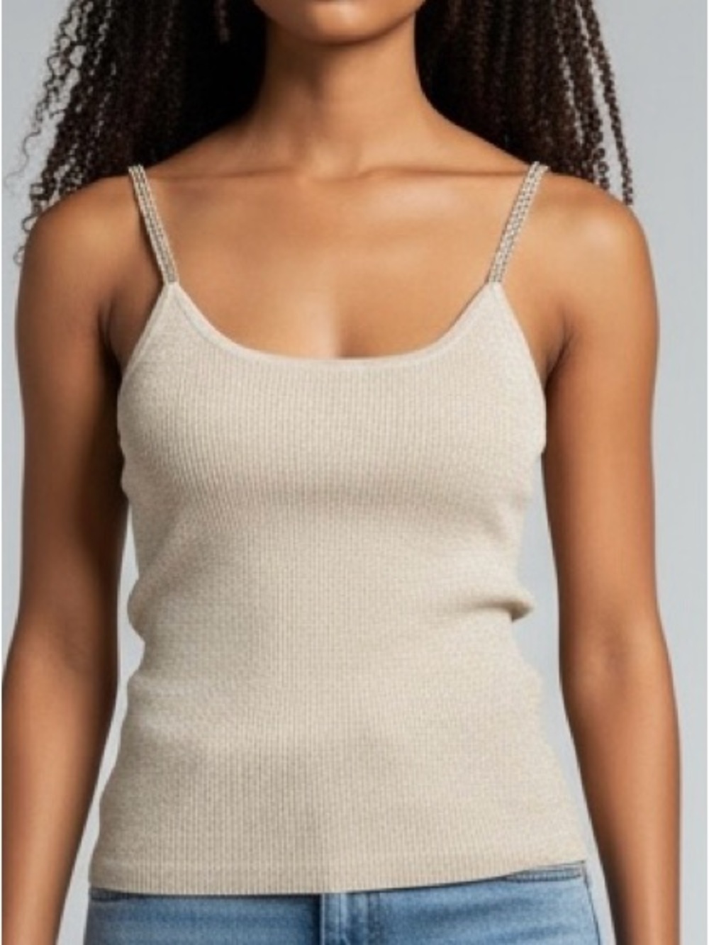 Michelle Antonelli Shimmery  Cream Knit Silk Top with  Metallic Thin Straps SZ S